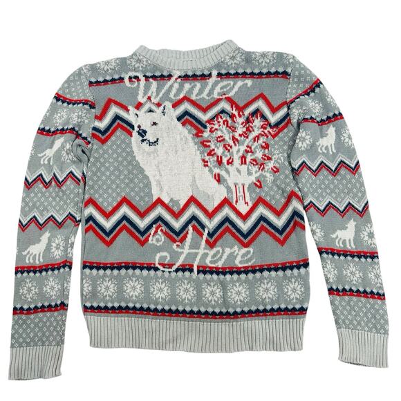 Game of Thrones Sweaters - HBO GAMES OF THRONES Winter is Here Graphics Sweater Wolf Knit Gray Blue Red L